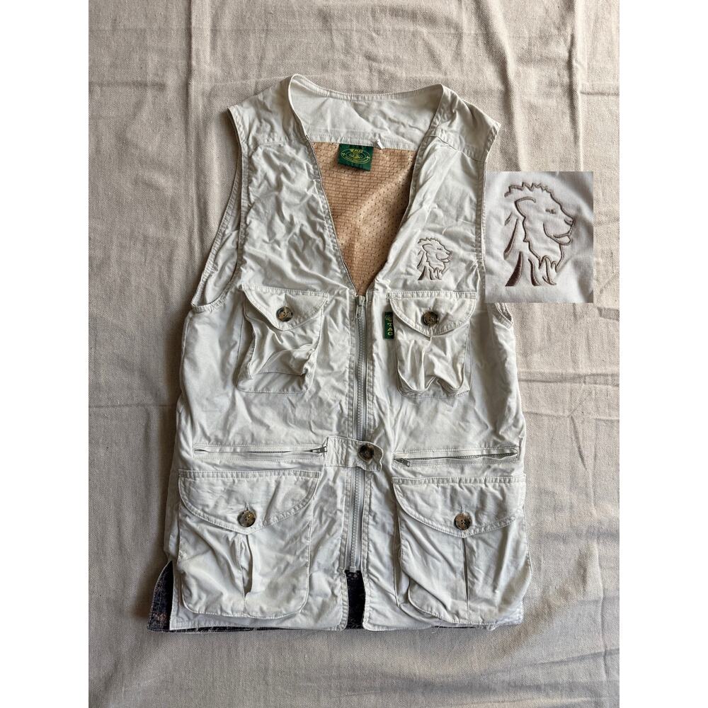 Vintage Tag Safari Livingstone Utility Vest Small Khaki Vented Back Leopard Fish